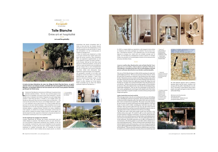 Côte Magazine, Toile Blanche press coverage