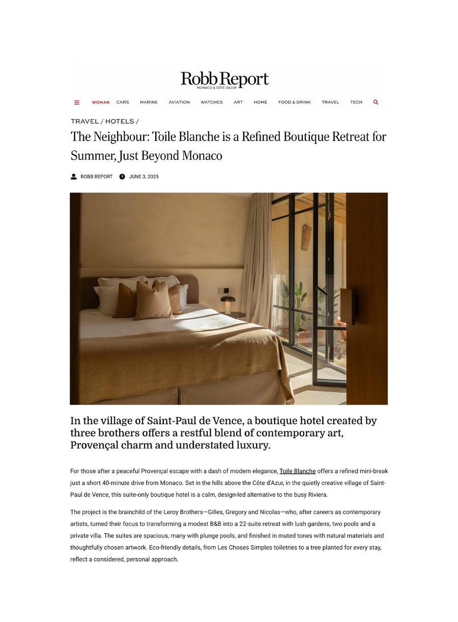 Robb Report, Toile Blanche press coverage