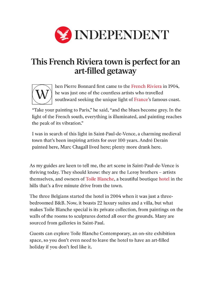 The Independent, Toile Blanche press coverage